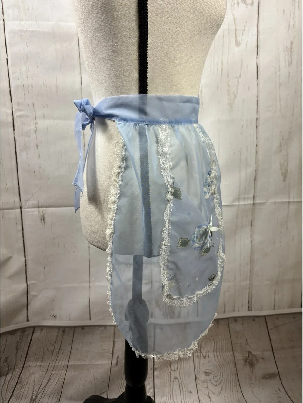 VTG 50s Hostess Half Apron Blue Organza White Trim Blue Roses Applications